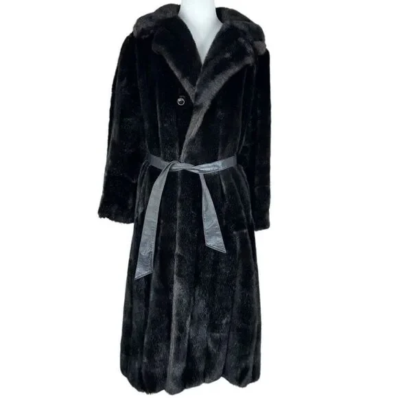 Vintage 70s Diamonte Faux Fur Coat Black Brown Mob Wife Size Medium Classic - Picture 9 of 10